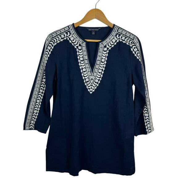 Brooks Brothers 346 Womens Linen Embroidered Tunic Top in Navy Sz S Boho Neutral - Picture 1 of 9
